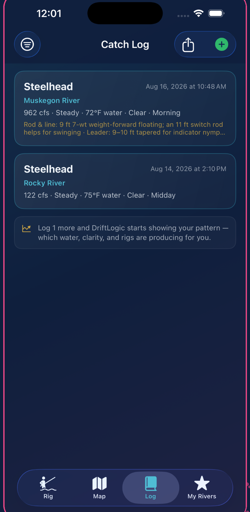 DriftLogic private catch log screen