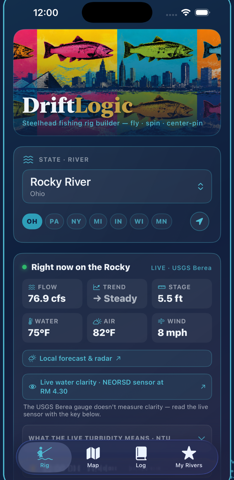 DriftLogic live rig builder screen for the Rocky River
